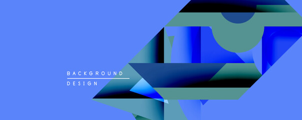 Fototapete - Abstract geometric shapes overlap blue background. Modern design elements create dynamic visual composition. Smooth gradients enhance depth.