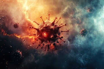 Poster - Visualization of a virus surrounded by other viral particles in a cosmic background