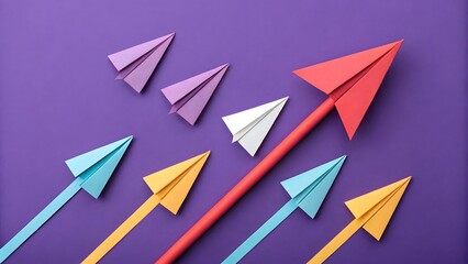 Poster - A vibrant red paper airplane soaring above the rest, leading a colorful fleet towards ambitious goals on a rich purple backdrop.