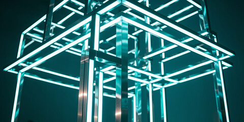 Aufkleber - Geometric metal structure with turquoise neon lights, creating a modern and abstract design, suitable as a showcase or display for products or branding