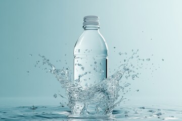 Poster - Clear water bottle splashes dramatically in a serene pool of clean water