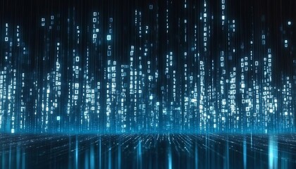 Poster - Blue binary code pours down in a mesmerizing digital rain, creating an abstract backdrop filled with shimmering stars that enhances its futuristic atmosphere, 