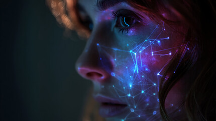 Poster - Close-up of a woman's face, partially obscured by glowing blue and purple network, suggesting digital connection or neural activity, symbolizing technology, innovation, and the digital age