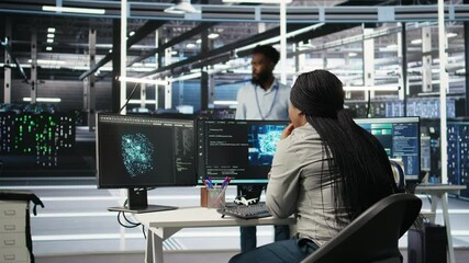 Poster - data center staff member in office using ai deep learning algorithms to analyze datasets. african am