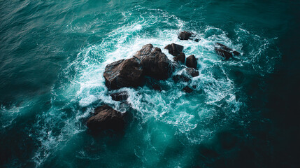 Aufkleber - Aerial view of dark rocks in teal ocean waves, creating a dynamic and powerful scene symbolizing nature's force and beauty, ideal for travel or nature concepts