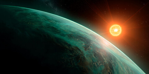 Wall Mural - alien planet's teal surface, orange sun rising, dark space background, cosmic scene, suggesting expl