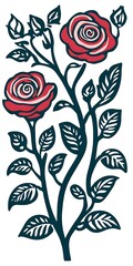 Poster - Two Red Roses with Teal Stems and Leaves Illustration