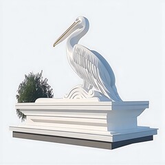 Poster - White Pelican Statue on Ornate Base with Green Bush