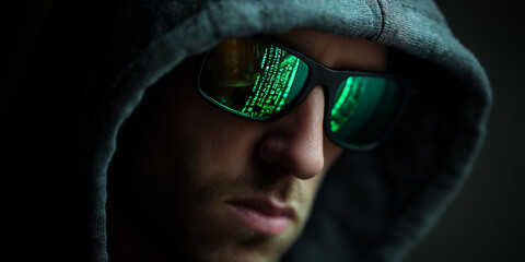 Poster - Close-up of a person wearing a dark hoodie and sunglasses reflecting green code, creating a mysterious and technological feel, representative of hacking or cybersecurity