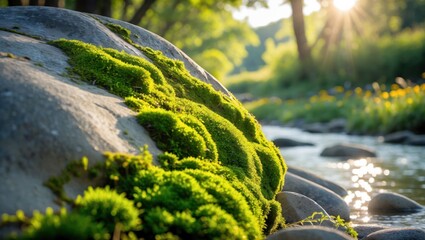 moss growing on rock by river with sunlit forest scenery