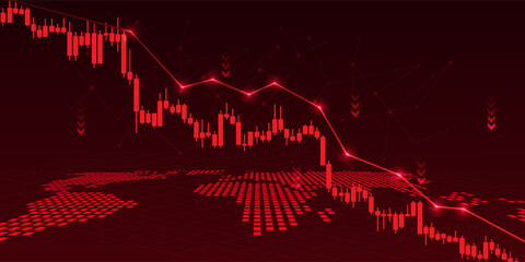 Poster - Falling stock chart with a world map at the bottom indicates an economic recession, market volatility or financial crisis. Suitable for use in economic news, analysis reports, and global finance.