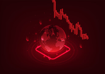 Poster - Falling stock chart with a red globe indicates the volatile global market situation caused by an increase in import taxes or interest rates, which increases the company's costs.