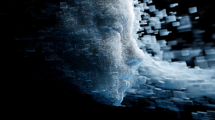 Poster - Abstract face dissolving into digital cubes, showcasing a concept of digital transformation or data fragmentation, suitable for tech or AI themes