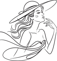 Wall Mural - modern line drawing of graceful woman with wide hat and flowing hair in black and white minimalist s