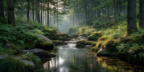 Poster - Serene forest stream flows between moss-covered rocks, sunlight filtering through lush green canopy, creating a tranquil, peaceful atmosphere, ideal for nature or relaxation themes