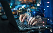 © photoshop #11320770 - Securing Data A Person Typing on Laptop with Cybersecurity Lock and Connection Icons Overlay, Internet Security Concept