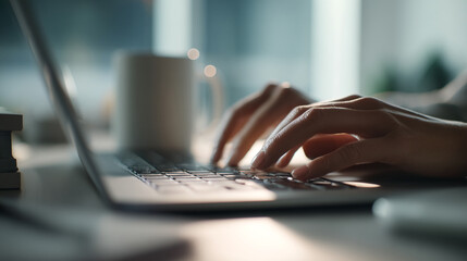 Poster - Close-up of hands typing on laptop keyboard, soft light illuminating scene, suggesting work, focus, and digital communication