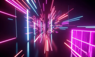 Poster - Vibrant animated neon background with abstract shapes in motion made with Generative AI technology

