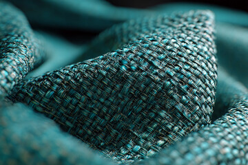 Poster - Close-up of teal woven fabric texture, showing intricate weave pattern, suggesting depth and complexity, ideal for textile, design, or background uses