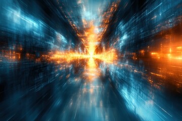Fototapete - Abstract digital landscape with vibrant blue and orange lights creating a futuristic atmosphere
