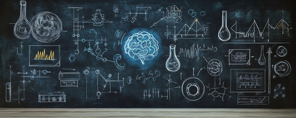 dark blackboard with intricate handdrawn illustrations of science and ai concepts, educational symbo