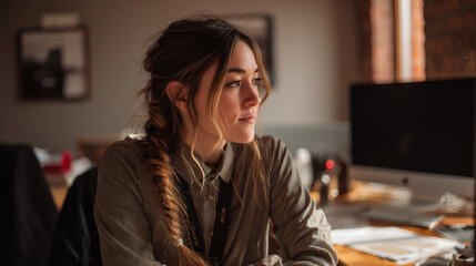 Poster - Portrait of young woman in office setting looking away from computer screen working and thinking deeply