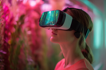 Leinwandbilder - Woman wearing VR headset, viewing virtual forest scene against blurred pink background, showcasing immersive technology and digital nature experience