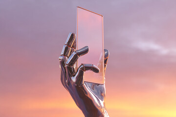 Aufkleber - Metallic robotic hand holds transparent phone against sunset sky, showcasing blank screen for advertisement or app mockup.  Represents technological advancement and future concepts