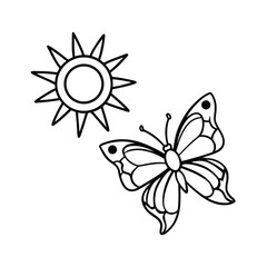 Fototapete - Simple Line Art Of Butterfly And Sun Isolated On White Background For Coloring