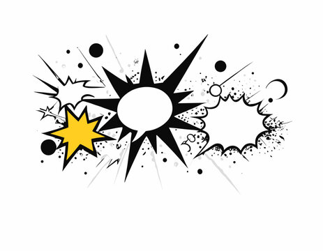 Comic explosion speech bubble vector shapes, speech bubble silhouettes, starburst designs in black. Ideal for graphic design, comic book art, pop art, and digital illustrations