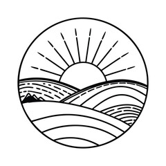 Poster - Minimalist Landscape With Sun Rising Over Hills In Circle Design Illustration