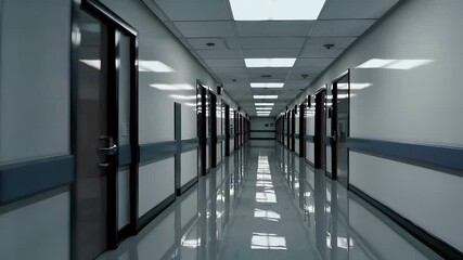 Poster - Long Perspective View of Empty Office Corridor with Closed Doors