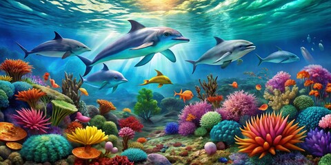 Naklejka na meble Vibrant Underwater Scene with Dolphins Gracefully Swimming Above a Lush Coral Reef, Colorful Fish and Diverse Marine Life Flourishing in a Sunlit Ocean