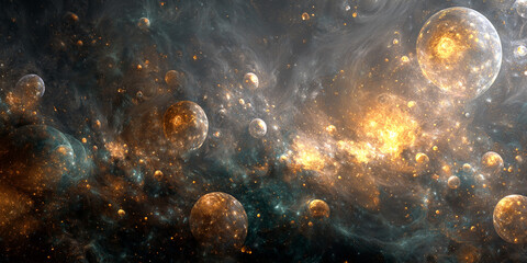 Aufkleber - Cosmic scene with gold and teal nebulae, showcasing numerous planets and celestial bodies, symbolizing vastness, mystery, and the infinite possibilities of space exploration