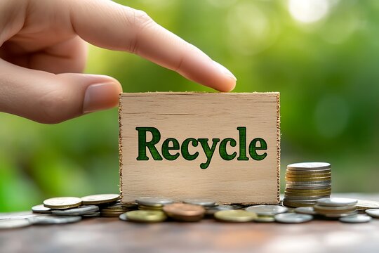 Close-up of a hand stacking wooden cubes with the text Recycle, coins, and paper on soil outdoors