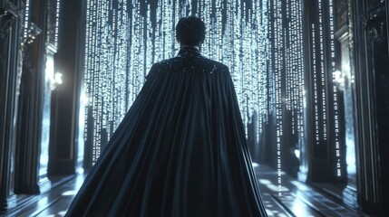 Fototapete - A hacker wearing a Victorian-style cape, surrounded by floating holographic code.