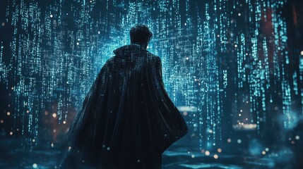 Fototapete - A hacker wearing a Victorian-style cape, surrounded by floating holographic code.