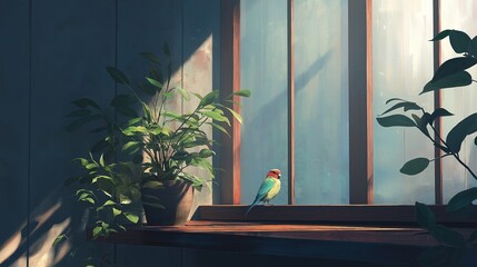 Poster - Tropical bird on a window sill with sunlight filtering in 