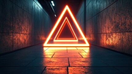 Aufkleber - Glowing orange triangles illuminate a long concrete hallway perspective