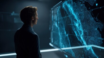 Poster - individual concentrating on computer screen while analyzing visual data in a bright and modern offic