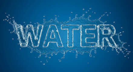 Poster - Clear water text on blue surface. Large letters spell the word water made of cool splash liquid. Fresh clean hydration concept with fluid droplets around the sign.