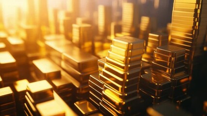Aufkleber - City of Gold: A captivating scene unfolds, as an abstract cityscape of golden bars rises against the warm embrace of light. The architecture speaks volumes, hinting at prosperity and wealth.