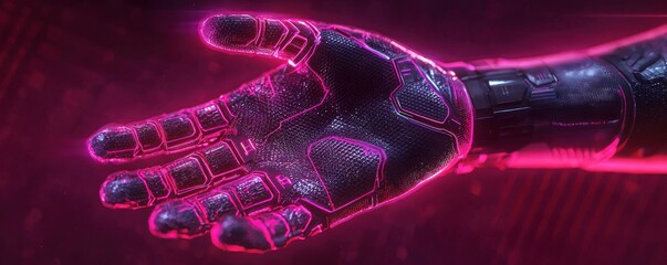 Poster - Futuristic technology showcase robotic hand virtual environment digital art neon aesthetic close-up perspective