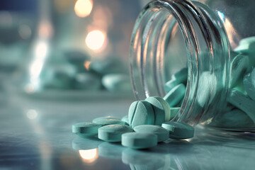 Aufkleber - Close-up of teal pills spilling from a glass jar onto a reflective surface, creating a smooth and cool visual effect, showcasing pharmaceutical or medical concepts