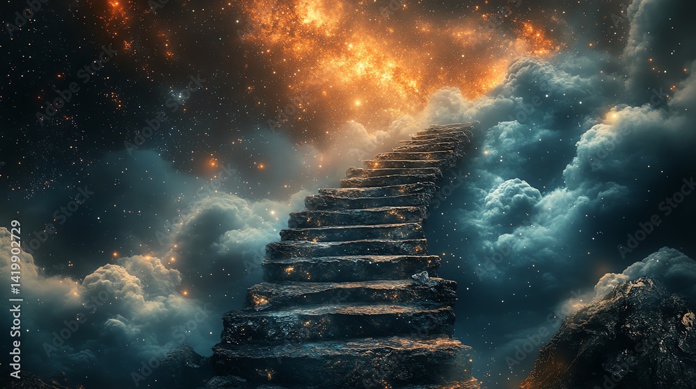 Mystical staircase made of stone leading upward into a void of clouds ...