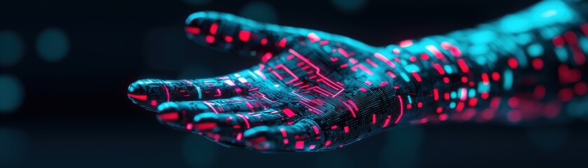Poster - Digital interaction futuristic display technology virtual environment close-up view hand with data patterns