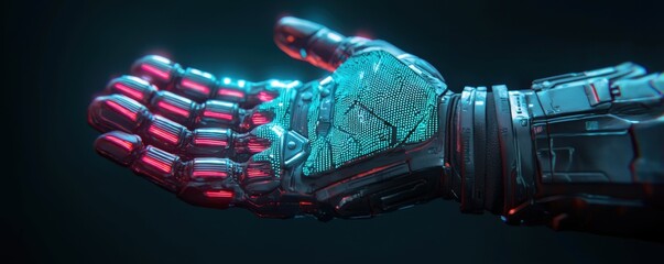 Poster - Futuristic robotic hand displaying advanced technology in a sci-fi environment close-up viewpoint