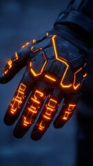 Poster - Futuristic action scene with glowing technology glove dark environment close-up cybernetic concept