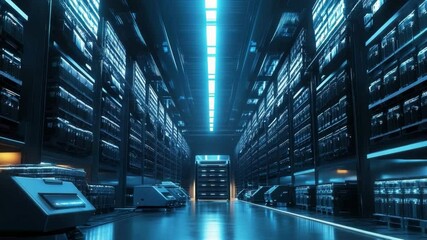 Fototapete - Cyber Fortress: A futuristic data center bathed in cool blue hues, showcasing rows upon rows of servers that hum with unseen energy. A testament to the digital age, with gleaming technology. 