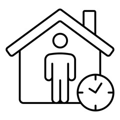 Poster - House with remote man thin line icon, stay at home concept. Vector graphics. Man in house with clock sign on white background, linear style for mobile or design.